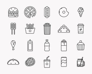 20 vector food and drinks icon in outline style. Perfect for use element design brochure, UI App, etc. 