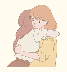 Kind woman embracing sad friend, Good older sister supporting younger sister. Girlfriend comforting partner. Hand drawn flat cartoon character vector illustration.