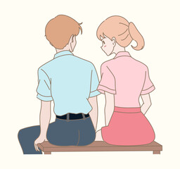 In love couple sitting together on bench, back view. Romantic date. Hand drawn flat cartoon character vector illustration.