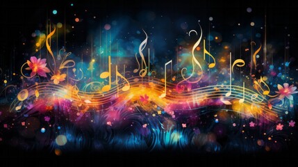 Cosmic Melody.
A vivid and colourful artistic depiction of music notes and cosmic elements. - obrazy, fototapety, plakaty