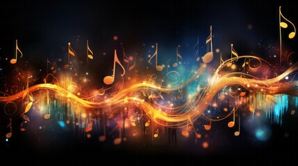 Fototapeta na wymiar Rhythmic Music Flow. A stream of music notes flowing rhythmically against a colourful background.