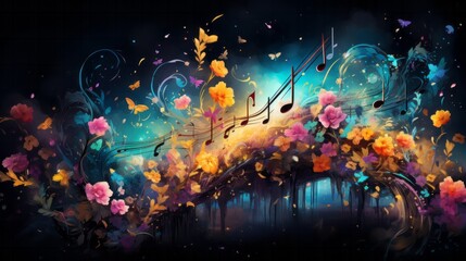 Obraz na płótnie Canvas Fantasy Music Landscape with Floral Elements. A magical landscape of music notes mingling with floral elements.