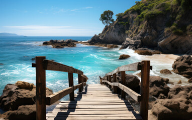 Wooden pier with rocky cliff and stairs near sand beach ocean. Generative AI