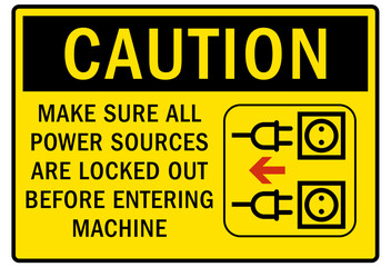 Multiple power source warning sign and labels make sure all power sources are lockout before entering machine - obrazy, fototapety, plakaty