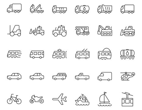 Vehicle thin line icon set. Outline stroke,Vehicle,Transport,Transportation,Car,Truck,Van,Tractor,Bus