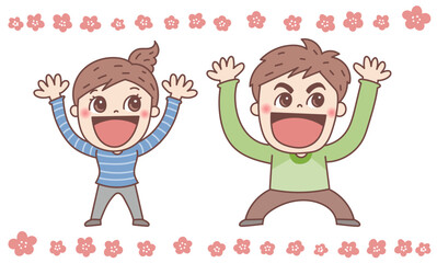 A man and a woman happily raise their hands and do a banzai