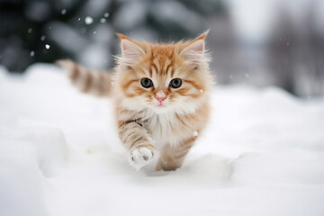 a cute cat playing in the snow - obrazy, fototapety, plakaty