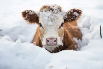 Ingelijste posters a cute cow playing in the snow © Yoshimura