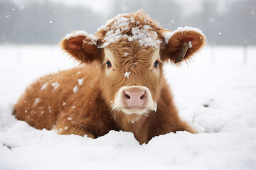 a cute cow playing in the snow - obrazy, fototapety, plakaty