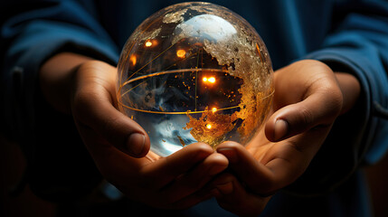 Global Grasp: A Handheld Crystal Globe,hand holding glass sphere,hand holding a ball