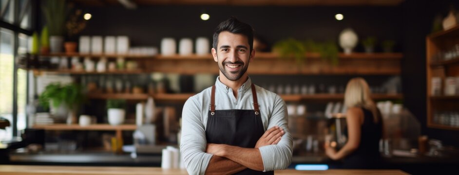 Portrait of a handsome barista in apron standing at a modern coffee shop, Small business owner, entrepreneur