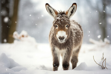 a cute donkey playing in the snow