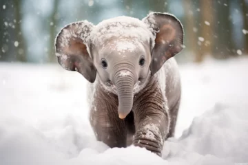 Poster a cute elephant playing in the snow © Yoshimura