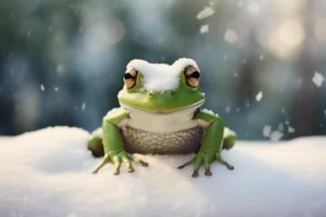 Deurstickers a cute frog playing in the snow © Yoshimura