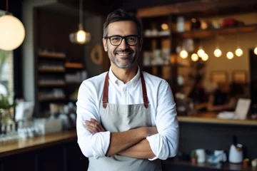 Fotobehang Portrait of a handsome barista in apron standing at a modern coffee shop, Small business owner, entrepreneur  © Adriana