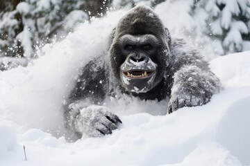 a cute gorilla playing in the snow - obrazy, fototapety, plakaty