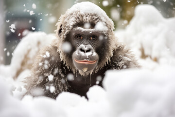 a cute gorilla playing in the snow