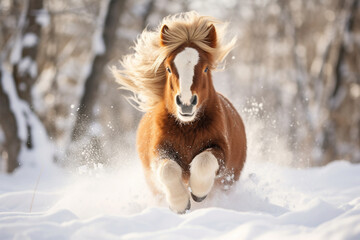 a cute horse playing in the snow