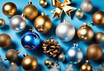 Fototapeta na wymiar Golden christmas balls on blue background.