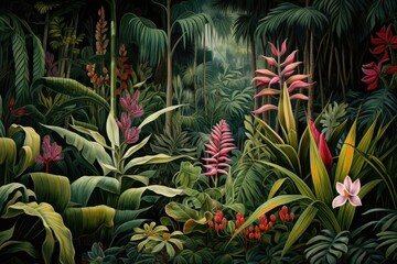 Fototapeta premium Lush greenery, tropical paradise, exotic flora. Botanical wonderland, nature's bounty, background or wallpaper.