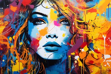 Colorful graffiti portrait painting of the face of a beautiful woman - obrazy, fototapety, plakaty