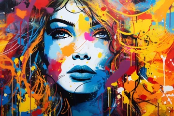 Fotobehang Colorful graffiti portrait painting of the face of a beautiful woman © Tarun