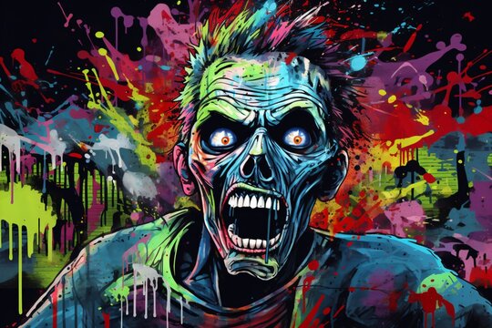 A colorful wall graffiti painting of a zombie screaming