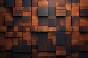 A 3d wall texture wallpaper design with blocks and cubes shape tiles in a wooden brown color