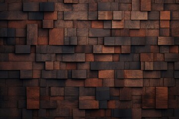 A 3d wall texture wallpaper design with blocks and cubes shape tiles in a wooden brown color