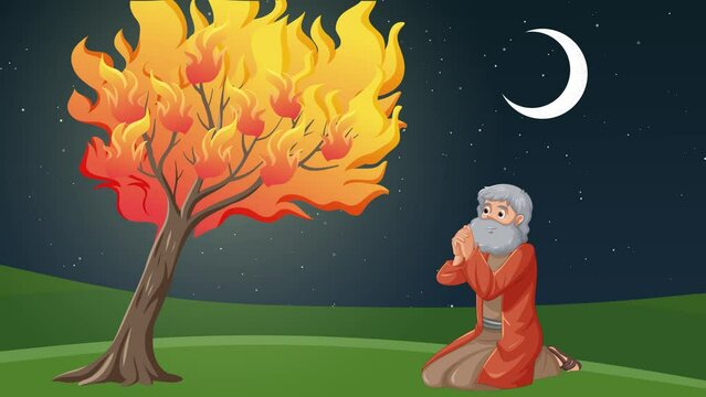 Moses sits on his knees, praying to God from the fire bush.