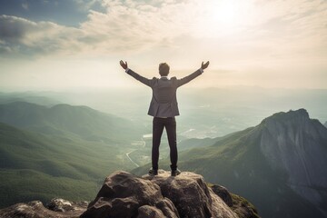 business success and achievement concept idea, businessman standing on the top of a mountain, inspirational image reaching goals and overcoming challenges