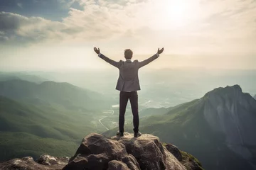 Fotobehang business success and achievement concept idea, businessman standing on the top of a mountain, inspirational image reaching goals and overcoming challenges © Alan