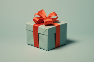 Blue box mockup with red ribbon. Gift with a red bow. 3d christmas gift