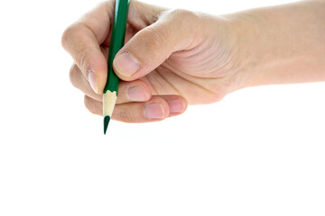 Woman hand holding pencil on white background