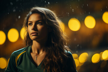 Beautiful young woman with long brown hair as a female football player
