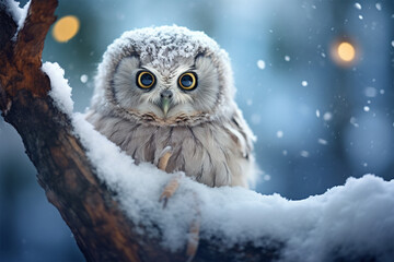 a cute owl playing in the snow
