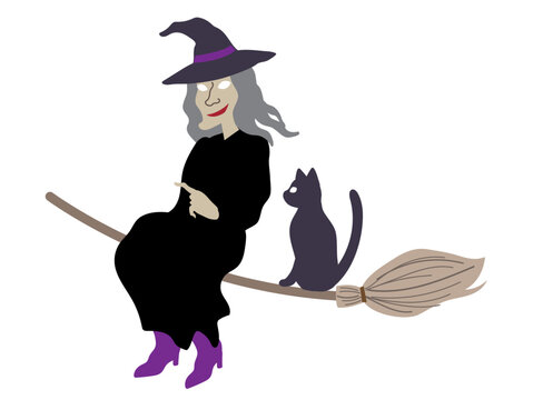 Halloween outlined vector illustration element of cute, fun and spooky flying wicked witch in black costume  talking with a cat on a  broom
