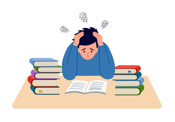 Unhappy student doing difficult homework. Information excessive amount. Stressed student with books piles in flat design.