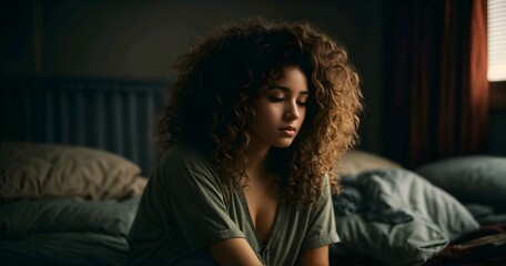 Sad woman sitting in her room, curly hair looking down, depressed woman - obrazy, fototapety, plakaty