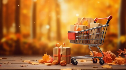 Autumn shopping concept. Trolley with shopping bags and maples.