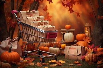 Autumn shopping concept. Trolley with shopping bags and maples.