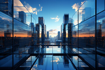 Reflection of skyscrapers in the windows of a modern office building - obrazy, fototapety, plakaty