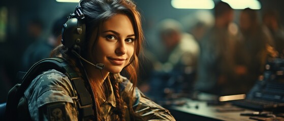 Fototapeta na wymiar a lady with a smile in an army control room strategizing as a soldier in uniform in times of war or conflict,.