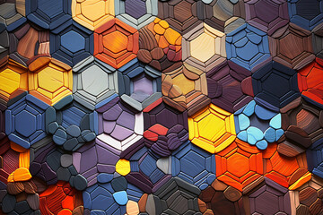Colorful abstract hexagonal and round shape, block background, texture pattern. 3D illustration.	