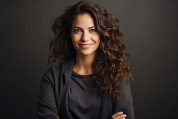Naklejka premium Portrait of a beautiful young woman with curly hair on a gray background