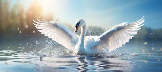 Selbstklebende Fototapeten White swan flap it wings. Generative AI technology. © Hero Design