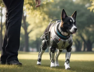 Papier Peint photo Bulldog français Robot dog in the grass of a community park with a shady atmosphere, future pet concept. Generative AI