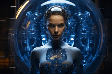 A female cyborg in a futuristic space