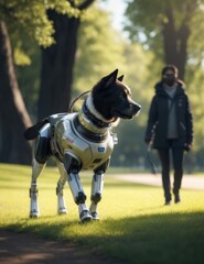 Robot dog in the grass of a community park with a shady atmosphere, future pet concept. Generative AI