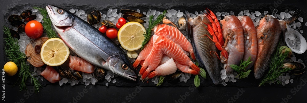 Wall mural Fresh fish and seafood arranged on black background rocks